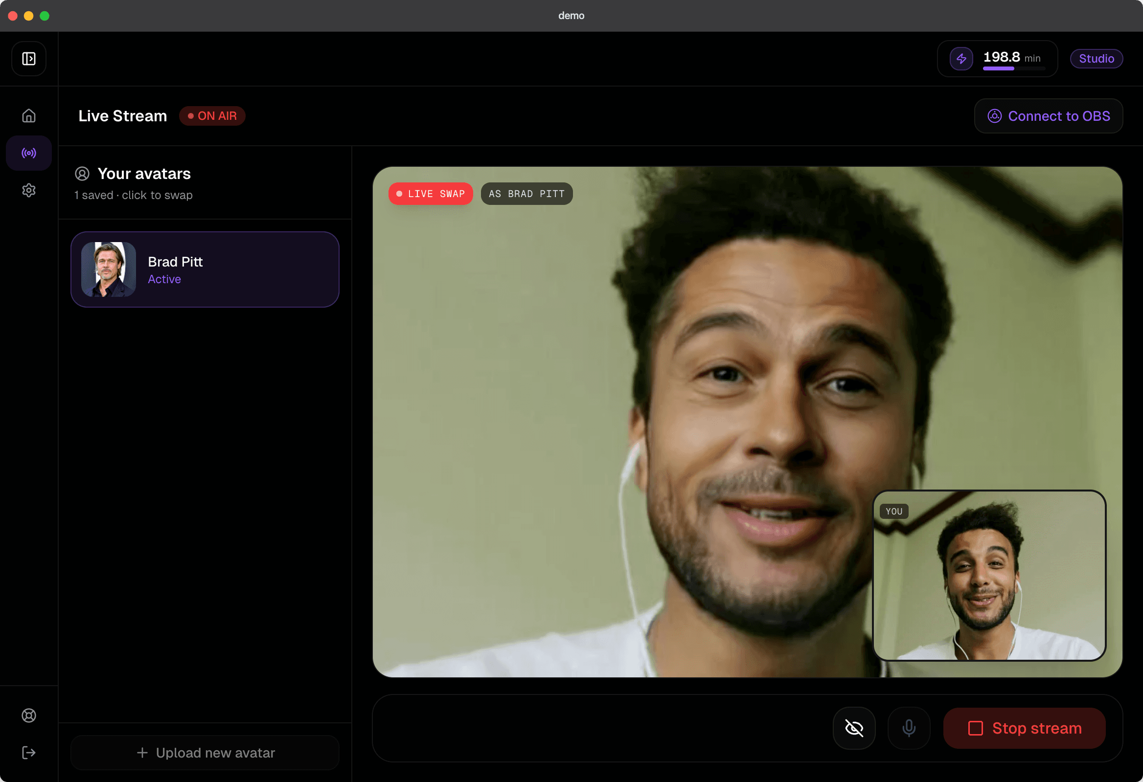 LiveSwap dashboard performing a real-time live face swap on a webcam feed, a streamer appears on camera as a different AI-generated persona at sub-500ms latency